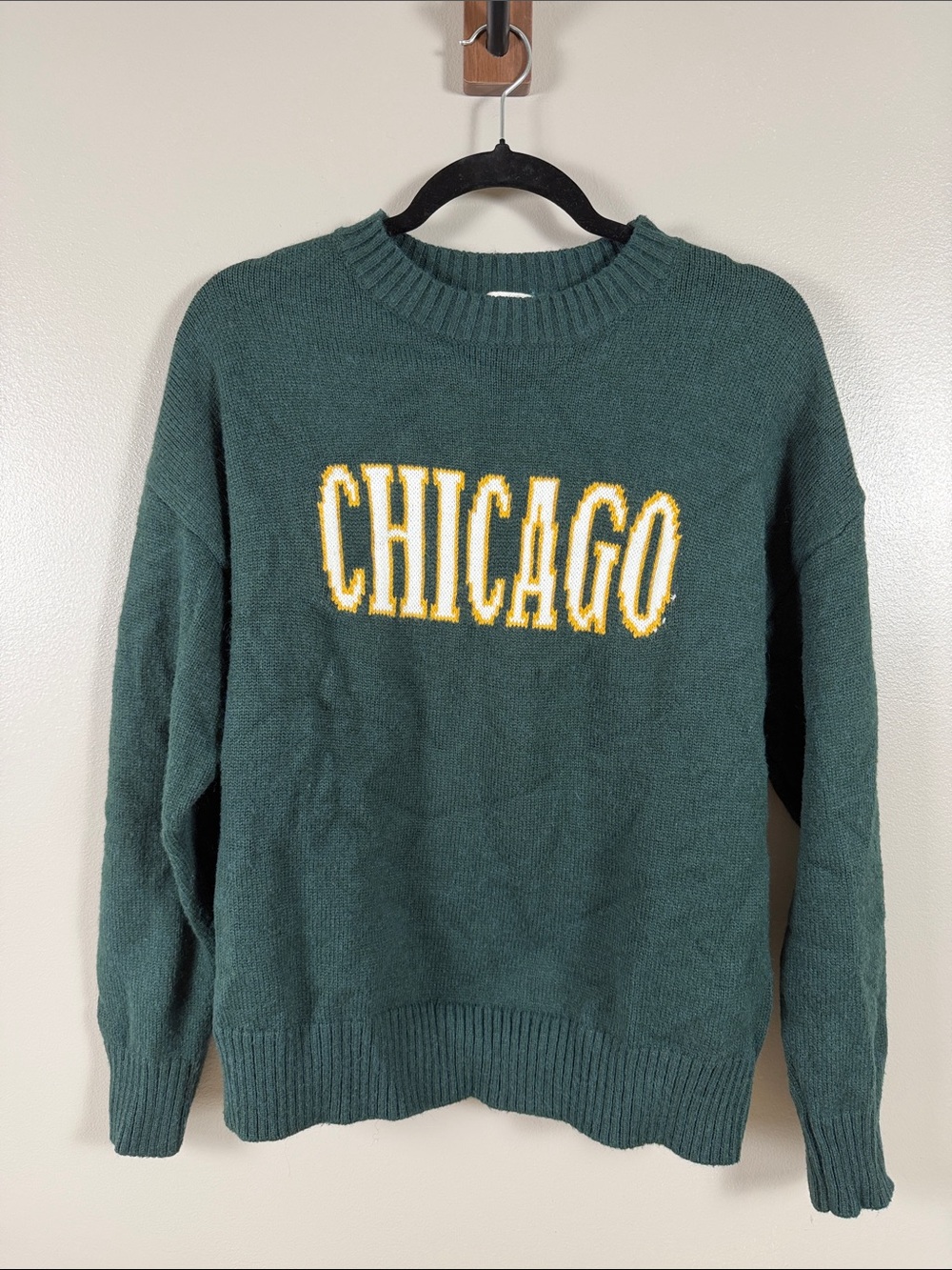 Le Lis Dark Green 'CHICAGO' Crewneck Sweater with Yellow Accent